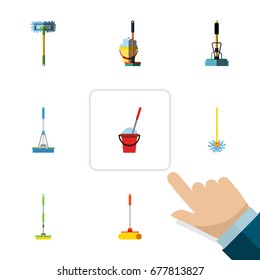 Flat Icon Broomstick Set Of Equipment, Besom, Cleaning And Other Vector Objects. Also Includes Bucket, Besom, Cleaner Elements.