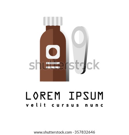 Flat icon of broun bottle cough syrup with measuring spoon. Medical syrup. Pharmacy symbol. Medicine for colds and flu