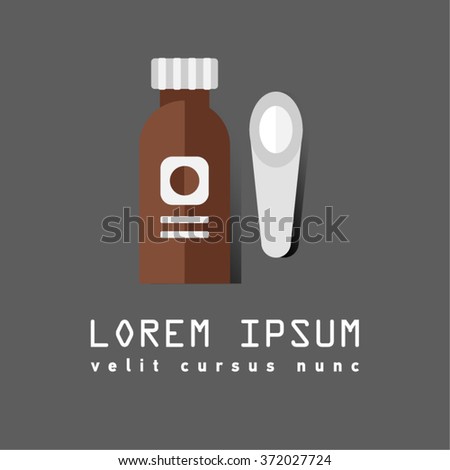 Flat icon of broun bottle cough syrup with measuring spoon. Medical syrup. Pharmacy symbol. Medicine for colds and flu