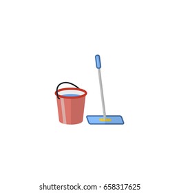 Flat Icon Bucket With Besom Element. Vector Illustration Of Flat Icon Mopping Isolated On Clean Background. Can Be Used As Bucket, Besom And Mopping Symbols.