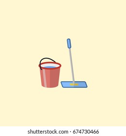 Flat Icon Bucket With Besom Element. Vector Illustration Of Flat Icon Mopping Isolated On Clean Background. Can Be Used As Bucket, Besom And Mopping Symbols.