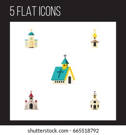Flat Icon Building Set Of Architecture, Structure, Religious And Other Vector Objects. Also Includes Catholic, Church, Structure Elements.