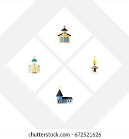 Flat Icon Building Set Of Catholic, Christian, Structure And Other Vector Objects. Also Includes Architecture, Catholic, Traditional Elements.