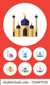Flat Icon Building Set Of Mosque, Architecture, Structure And Other Vector Objects. Also Includes Muslim, Minaret, Mosque Elements.