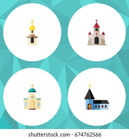 Flat Icon Building Set Of Traditional, Christian, Structure And Other Vector Objects. Also Includes Structure, Religious, Catholic Elements.