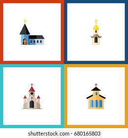 Flat Icon Building Set Of Traditional, Christian, Structure And Other Vector Objects. Also Includes Christian, Catholic, Traditional Elements.