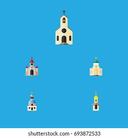 Flat Icon Building Set Of Traditional, Religious, Building And Other Vector Objects. Also Includes Christian, Catholic, Architecture Elements.