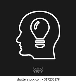 Flat icon of bulb sign in human brain.