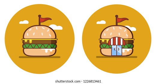 Flat icon of the burger shop. Logo sign hamburger. Vector fast food illustration.