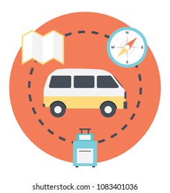 
Flat icon of a bus with summer plans surrounding it 
