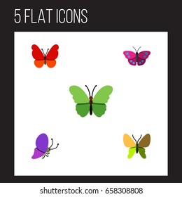 Flat Icon Butterfly Set Of Beauty Fly, Summer Insect, Monarch And Other Vector Objects. Also Includes Milkweed, Moth, Archippus Elements.