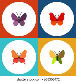 Flat Icon Butterfly Set Of Monarch, Danaus Plexippus, Beauty Fly And Other Vector Objects. Also Includes Milkweed, Moth, Monarch Elements.