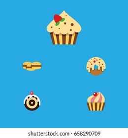 Flat Icon Cake Set Of Biscuit, Confectionery, Pastry And Other Vector Objects. Also Includes Biscuit, Donuts, Dessert Elements.