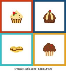 Flat Icon Cake Set Of Biscuit, Confectionery, Muffin And Other Vector Objects. Also Includes Cookie, Biscuit, Cupcake Elements.