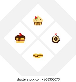 Flat Icon Cake Set Of Confectionery, Pastry, Biscuit And Other Vector Objects. Also Includes Pastry, Cupcake, Biscuit Elements.