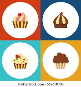 Flat Icon Cake Set Of Confectionery, Cupcake, Muffin And Other Vector Objects. Also Includes Dessert, Sweetmeat, Muffin Elements.