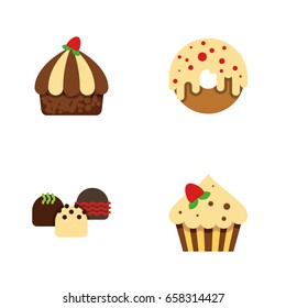 Flat Icon Cake Set Of Cupcake, Confectionery, Doughnut And Other Vector Objects. Also Includes Sweetmeat, Donuts, Delicious Elements.
