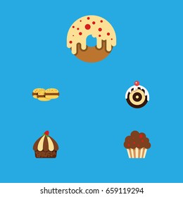 Flat Icon Cake Set Of Cupcake, Muffin, Doughnut And Other Vector Objects. Also Includes Cupcake, Pastry, Biscuit Elements.