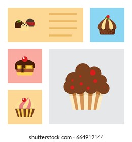 Flat Icon Cake Set Of Dessert, Cake, Sweetmeat And Other Vector Objects. Also Includes Confectionery, Dessert, Pastry Elements.