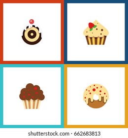 Flat Icon Cake Set Of Doughnut, Pastry, Confectionery And Other Vector Objects. Also Includes Cupcake, Donuts, Muffin Elements.