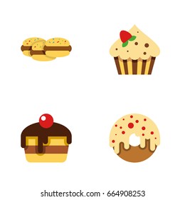 Flat Icon Cake Set Of Doughnut, Biscuit, Confectionery And Other Vector Objects. Also Includes Cake, Cupcake, Biscuit Elements.