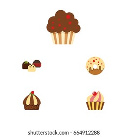 Flat Icon Cake Set Of Muffin, Doughnut, Cake And Other Vector Objects. Also Includes Confectionery, Cake, Doughnut Elements.