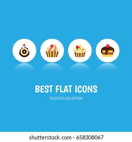 Flat Icon Cake Set Of Sweetmeat, Dessert, Confectionery And Other Vector Objects. Also Includes Pastry, Confectionery, Cupcake Elements.