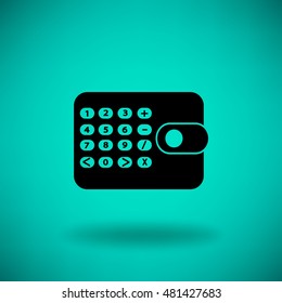 Icono plano. Calculadora en el bolso. Negocios y finanzas.