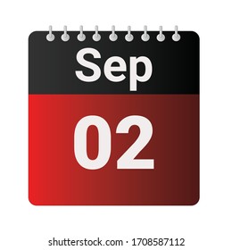 Flat icon calendar 02nd of September indicated with red & black. Vector illustration.