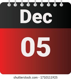 Flat icon calendar 05th of December indicated with red & black. Vector illustration.
