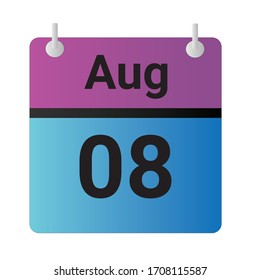 Icono plano 08 de agosto Indicado con morado, azul y negro. Ilustración vectorial.