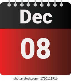 Flat icon calendar 08th of December indicated with red & black. Vector illustration.