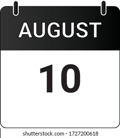 Flat icon calendar 10th of August indicated with white & black. Vector illustration.