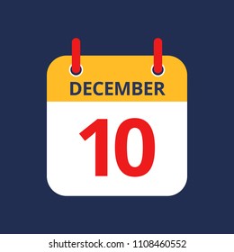Flat icon calendar 10th of December isolated on blue background. Vector illustration.