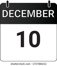 Flat icon calendar 10th of December indicated with white & black. Vector illustration.