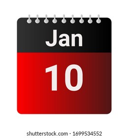 Flat icon calendar 10th of January indicated with red, black & white. Vector illustration.