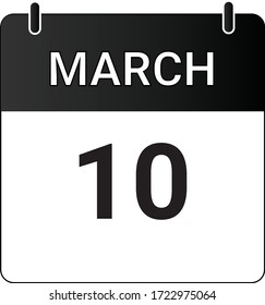 Icono plano 10 de marzo indicado con blanco y negro. Ilustración vectorial.