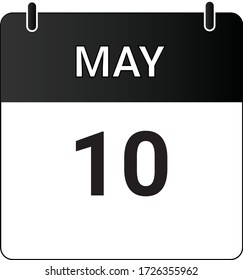 Flat icon calendar 10th of May indicated with white & black. Vector illustration.