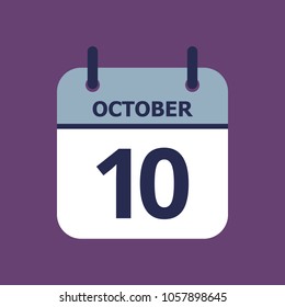 Flat icon calendar 10th of October isolated on purple background. Vector illustration.