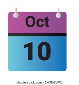 Flat icon calendar 10th of October Indicated with purple,blue & black. Vector illustration.