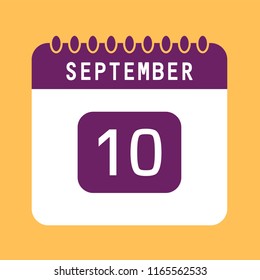 Flat icon calendar 10th of September isolated on orange background. Vector illustration.