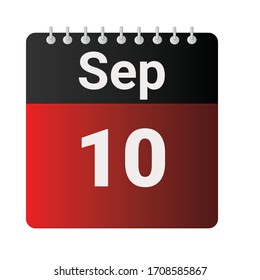 Flat icon calendar 10th of September indicated with red & black. Vector illustration.