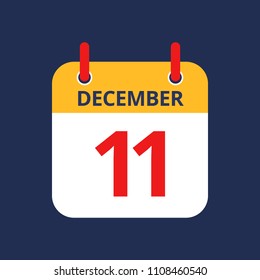 Flat icon calendar 11th of December isolated on blue background. Vector illustration.