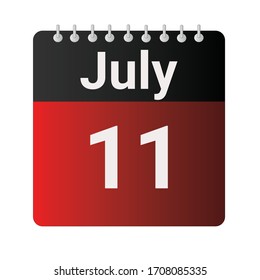 Flat icon calendar 11th of July indicated with red & black. Vector illustration.
