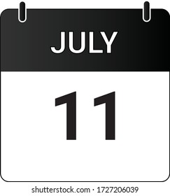 Flat icon calendar 11th of July indicated with white & black. Vector illustration.