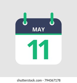 Flat icon calendar 11th of May isolated on gray background. Vector illustration.