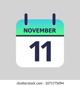 Flat icon calendar 11th of November isolated on gray background. Vector illustration.