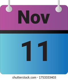 Flat icon calendar 11th of November indicated with purple,blue & black. Vector illustration.
