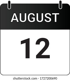 Flat icon calendar 12th of August indicated with white & black. Vector illustration.