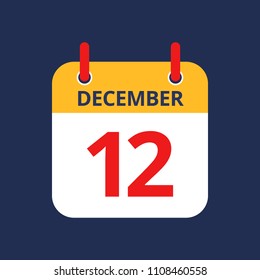 Flat icon calendar 12th of December isolated on blue background. Vector illustration.